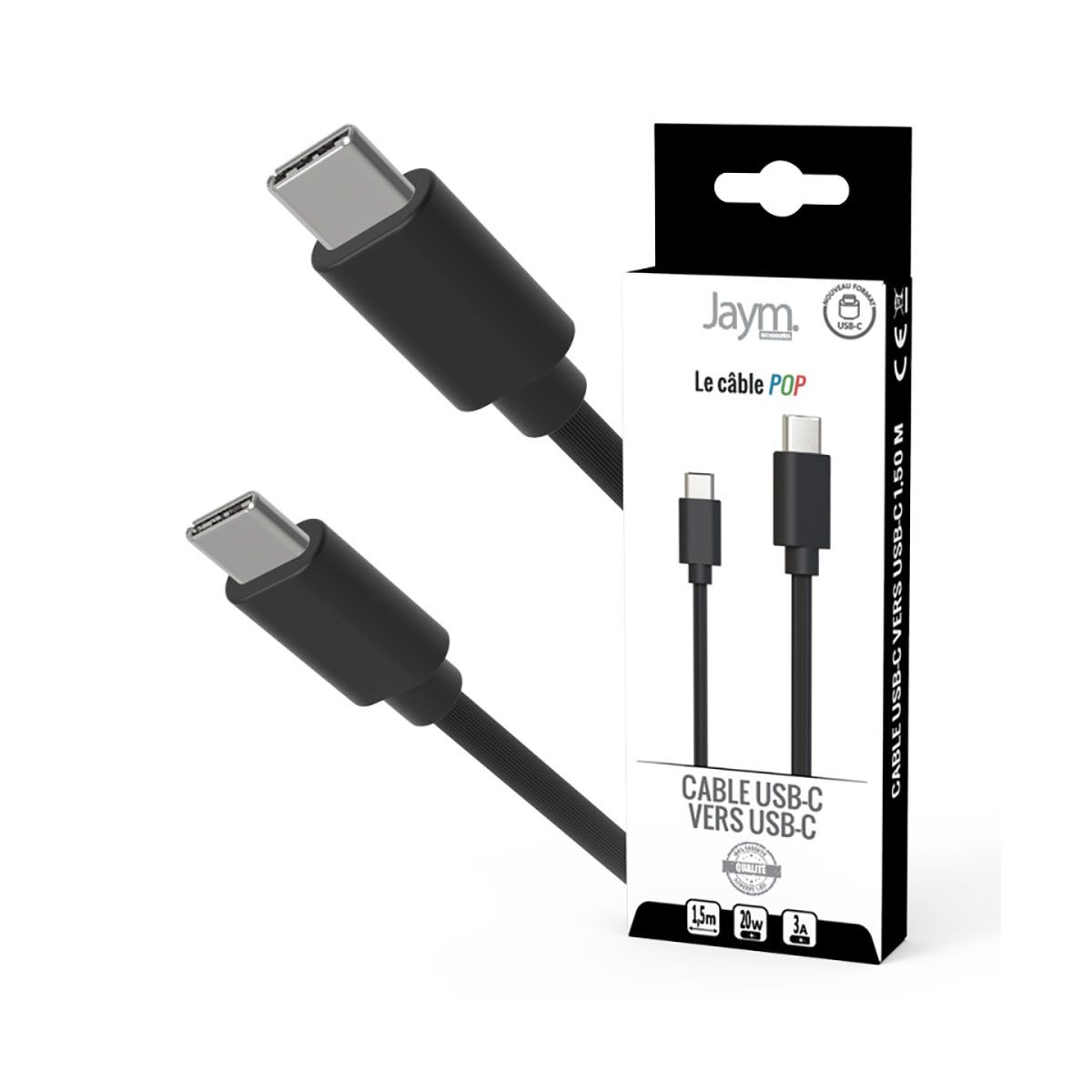 Câble Usb-c Vers Usb-c 3a Pd 20w Charge Et Synchronisation Collection Pop 1,5m Noir Jaym
