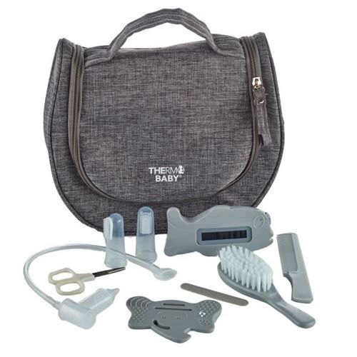 Ensemble de toilette en gris avec accessoires pour bébé.
