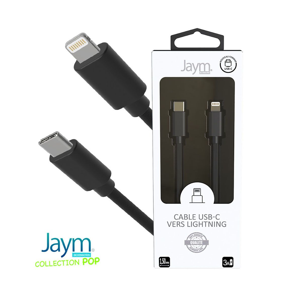 Câble Lightning Vers Usb-c Pd 3a Charge Et Synchronisation Collection Pop 1,5m Noir Jaym