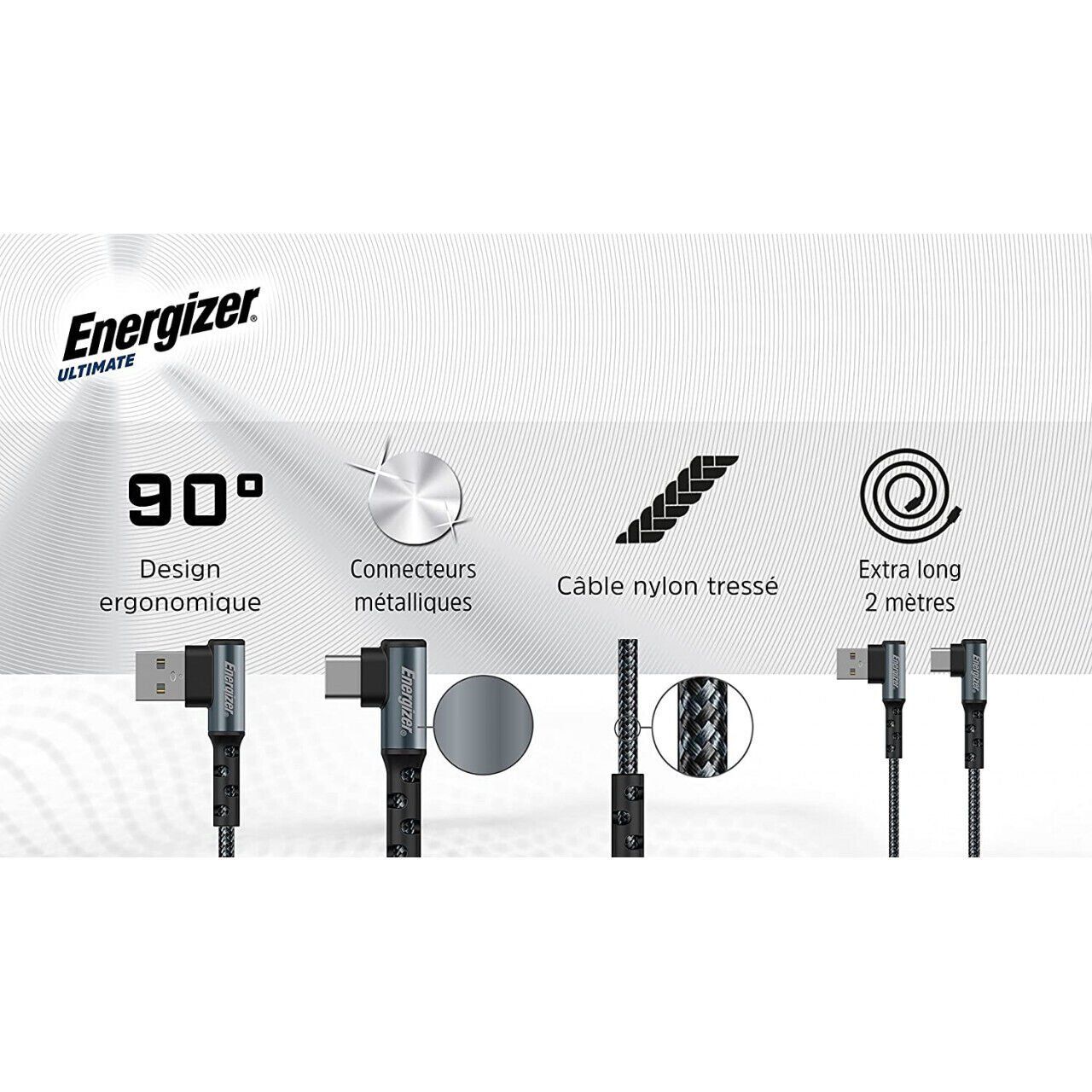 Energizer - Câble Lightning Coudé À 90° - Extra-long (2 M) - En Nylon Tressé - Idéal
