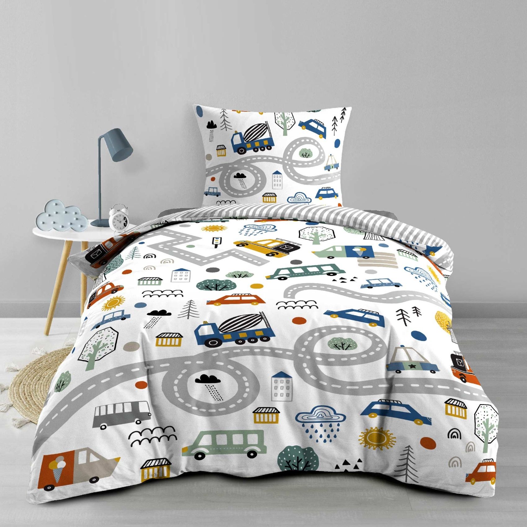 Parure De Lit Enfant Réversible En Coton Motif Véhicules Et Routes