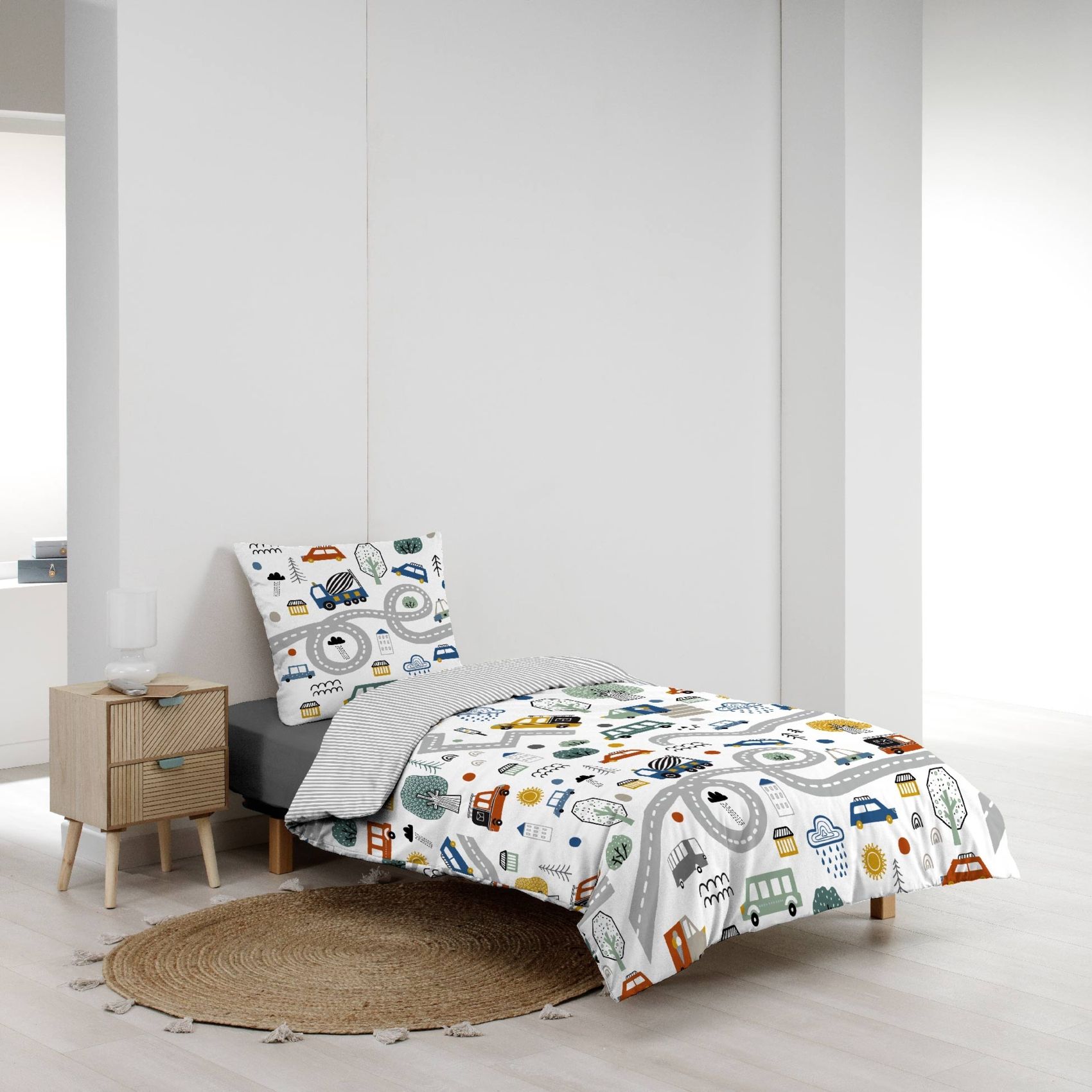 Parure De Lit Enfant Réversible En Coton Motif Véhicules Et Routes