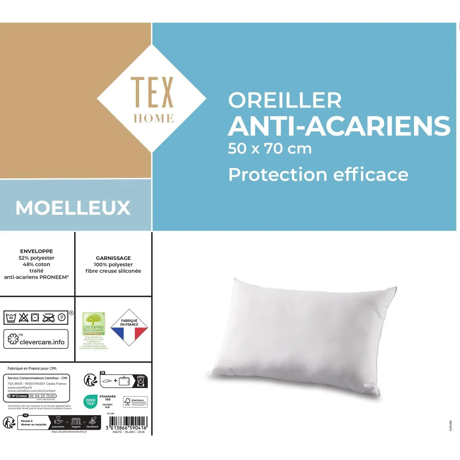 Oreiller Moelleux Anti-acariens 50x70cm Proneem TEX HOME