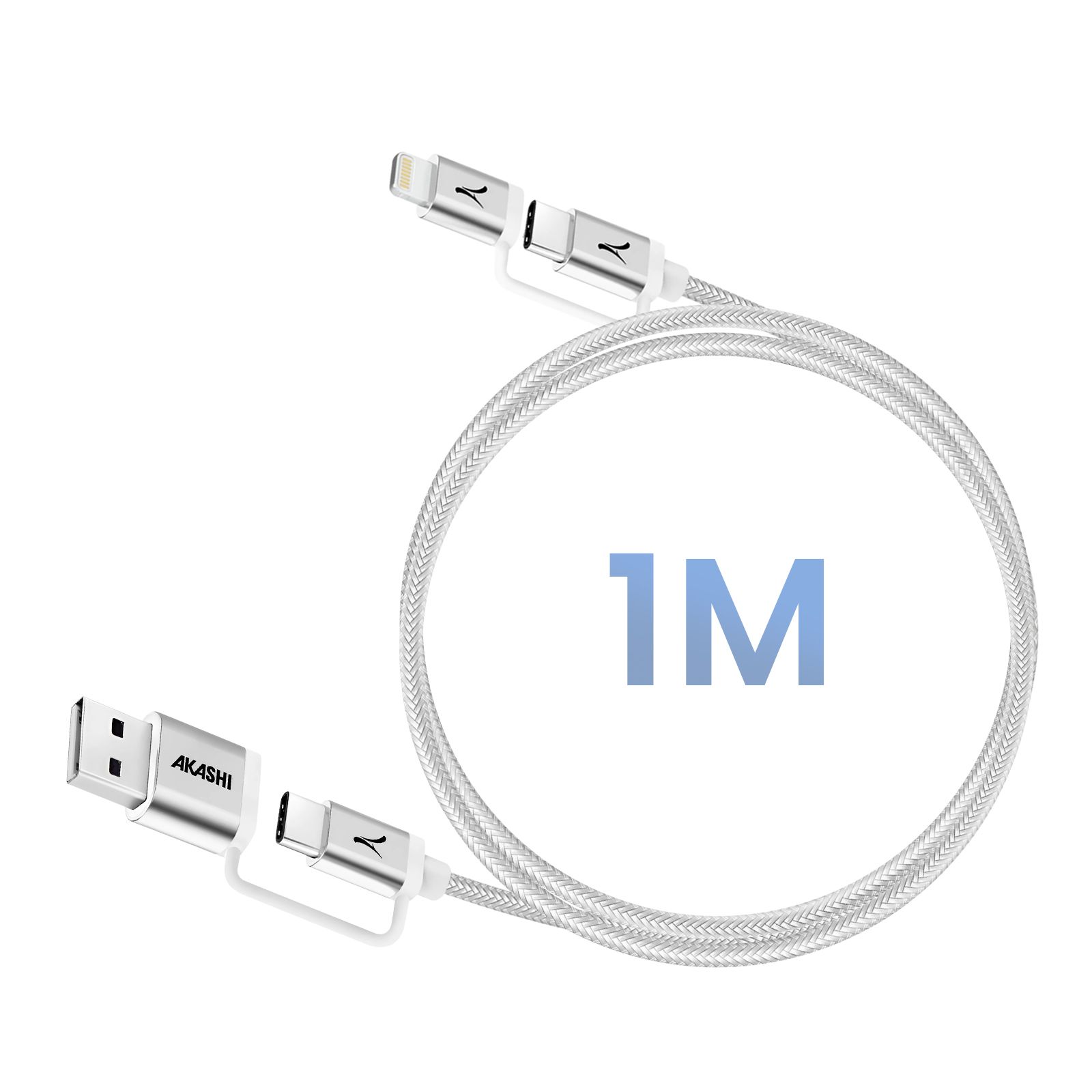 Câble 4 En 1 Usb-c + Lightning Compatible Apple Carplay Android Auto Gris Akashi