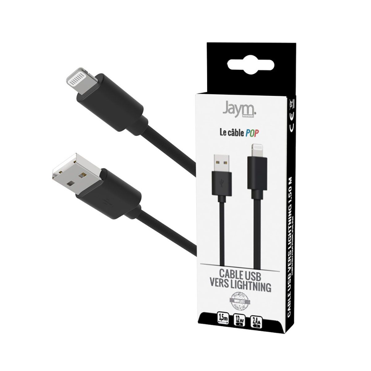 Câble Lightning Vers Usb-a 2,4a Charge Et Synchronisation Collection Pop 1,5m Noir Jaym