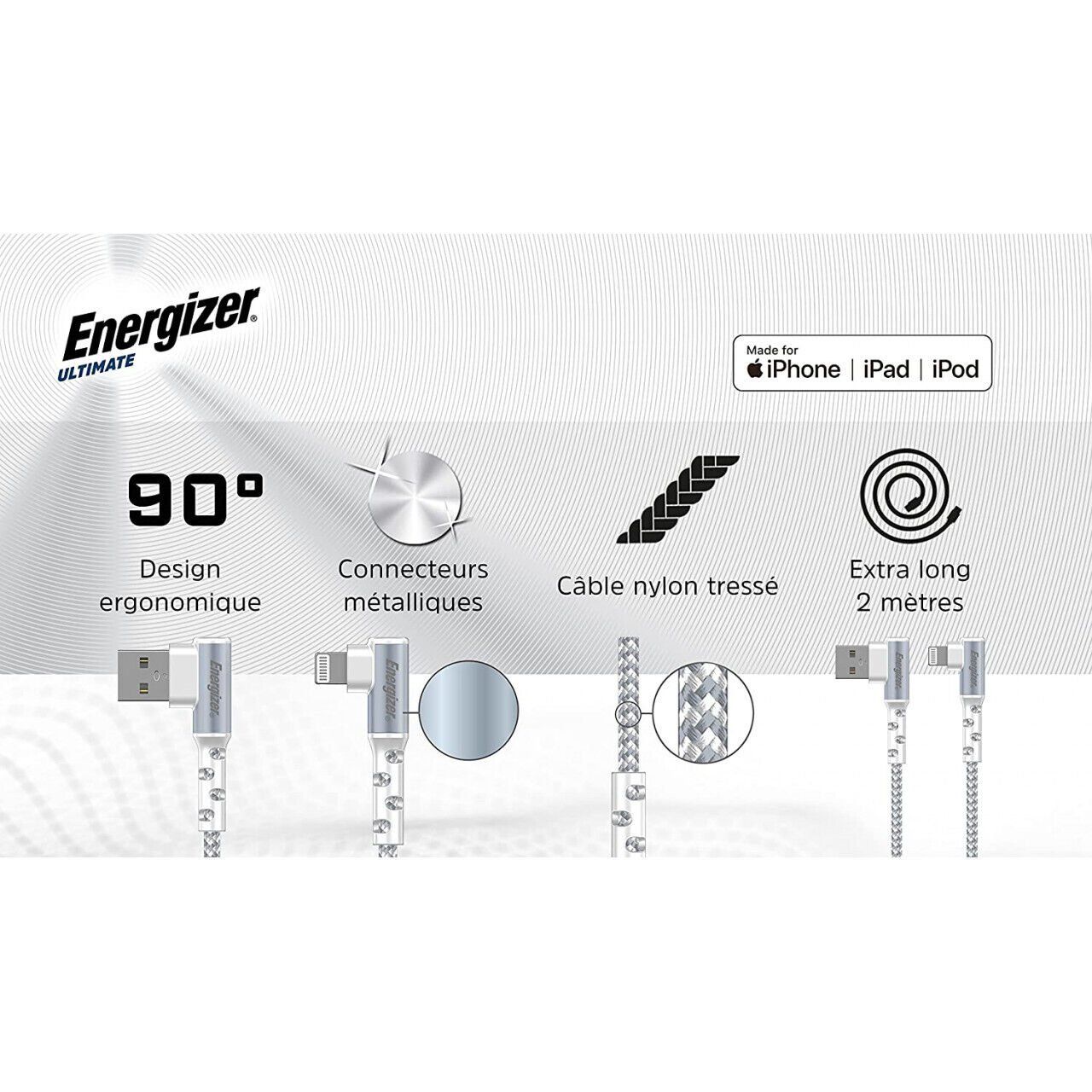 Energizer - Câble Lightning Coudé À 90° - Extra-long (2 M) - En Nylon Tressé - Idéal