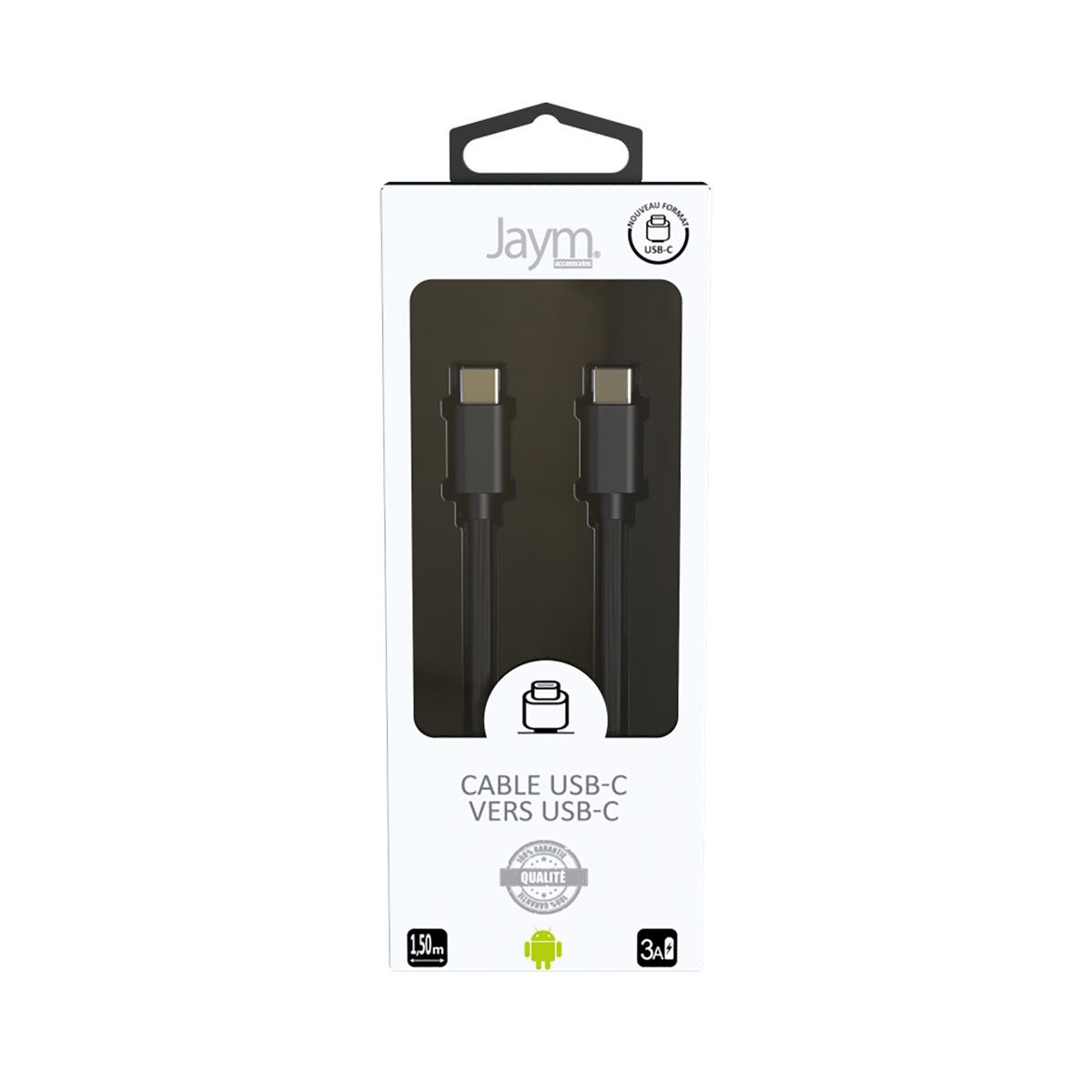 Câble Usb-c Vers Usb-c 3a Pd 20w Charge Et Synchronisation Collection Pop 1,5m Noir Jaym