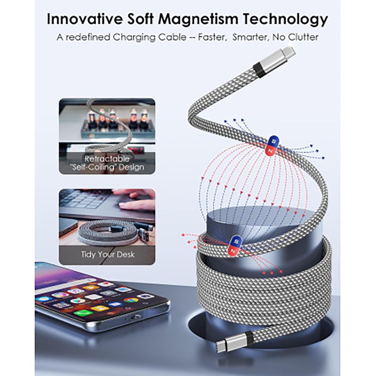 Câble Magnétique Usb-c Usb-c 60w Plat 1,5m Charge Synchro Rapide Ultra Resistant Gris Jaym