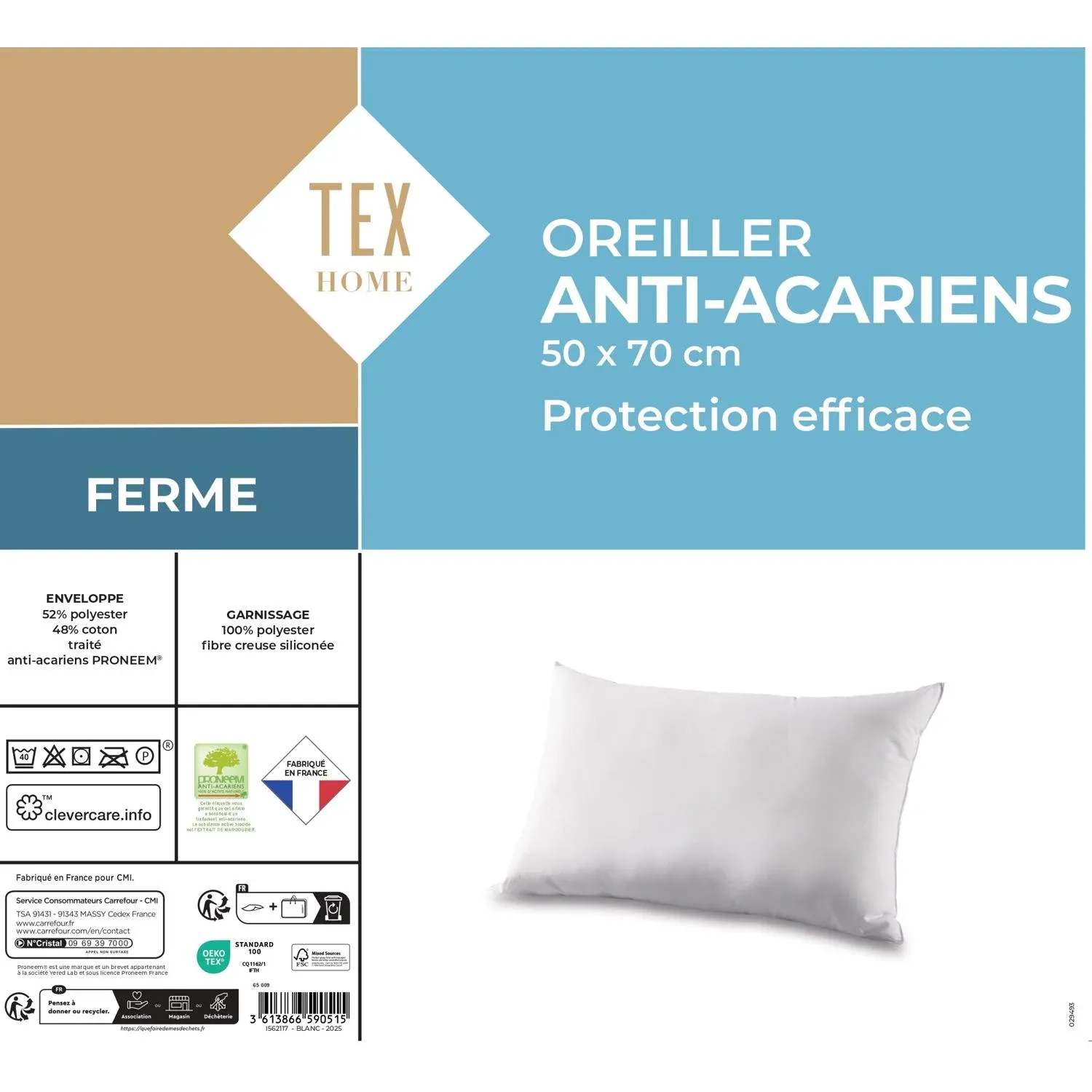 Oreiller Ferme Anti-acariens 50x70cm Proneem TEX HOME