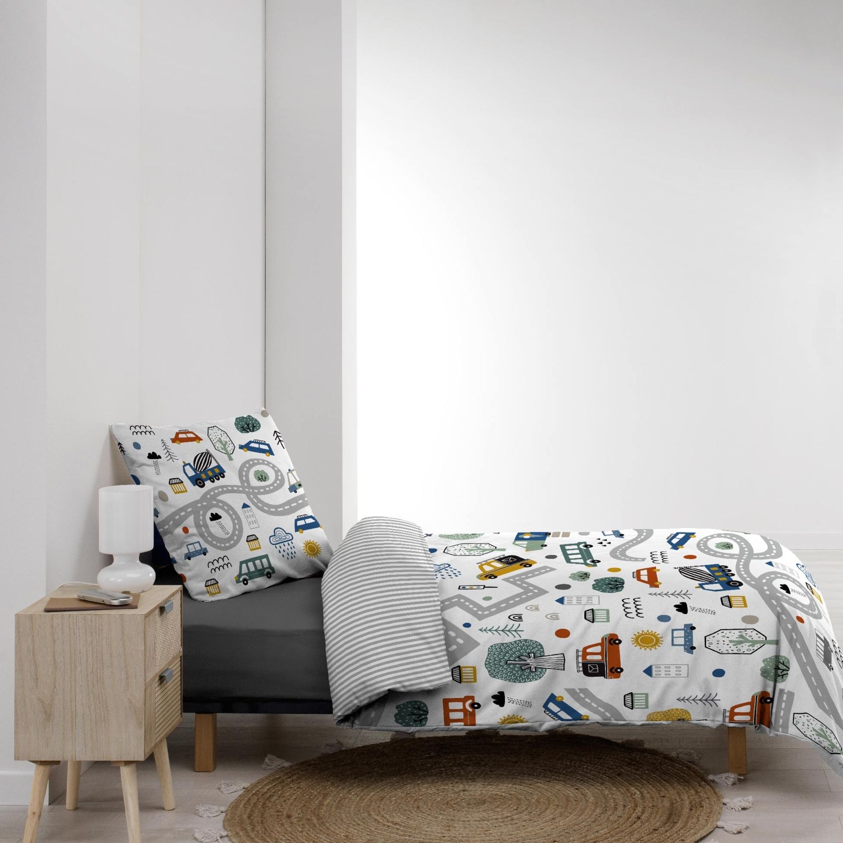 Parure De Lit Enfant Réversible En Coton Motif Véhicules Et Routes