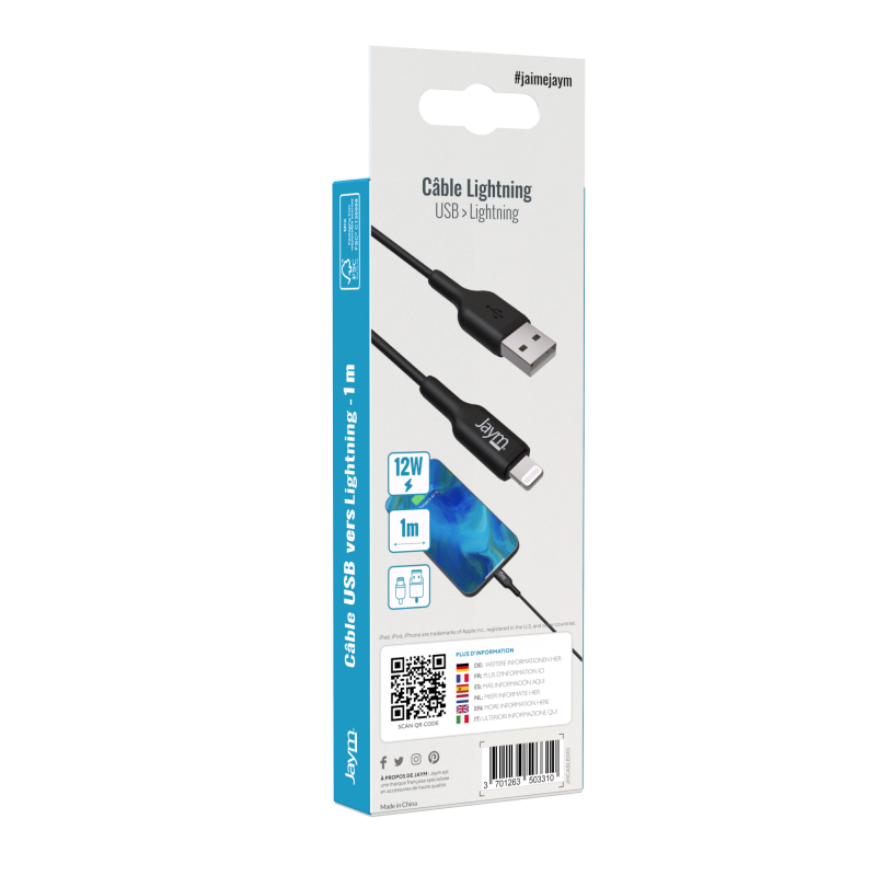 Câble De Charge Et Synchronisation De Donnée Usb Vers Lightning Mfi 2,4a 1m Noir Jaym