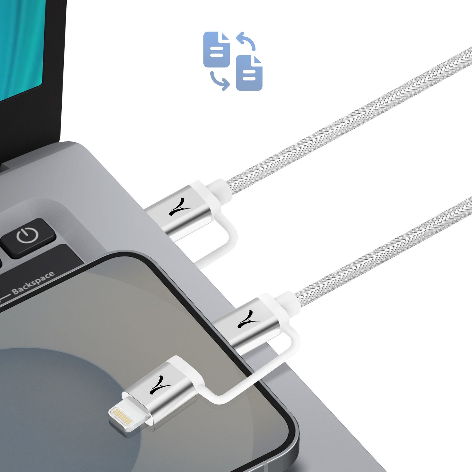 Câble 4 En 1 Usb-c + Lightning Compatible Apple Carplay Android Auto Gris Akashi