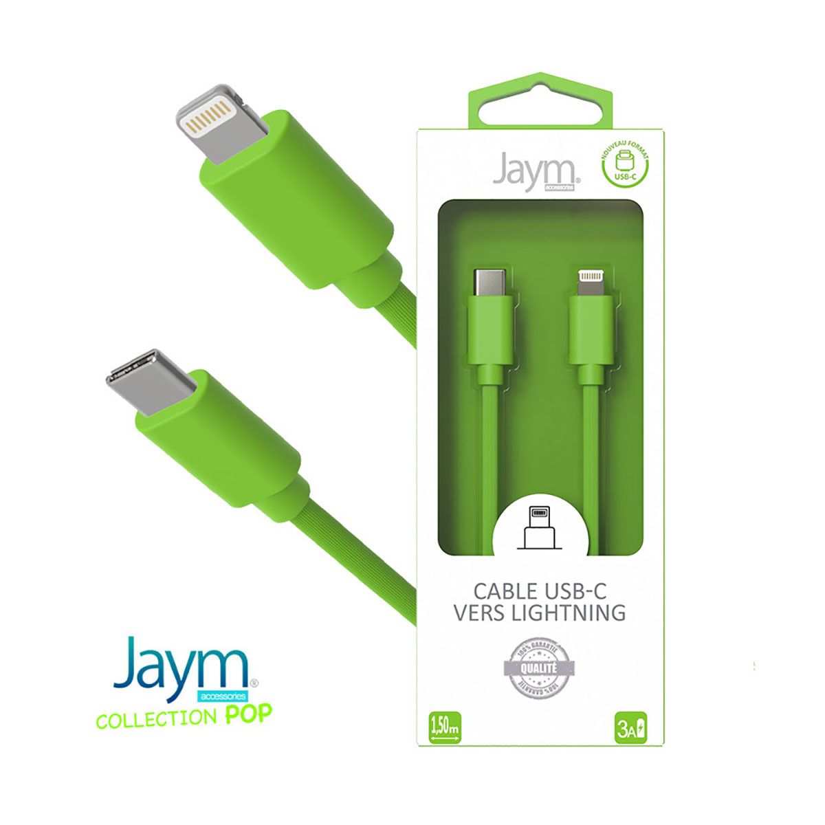 Câble Lightning Vers Usb-c Pd 3a Charge Et Synchronisation Collection Pop 1,5m Vert Jaym