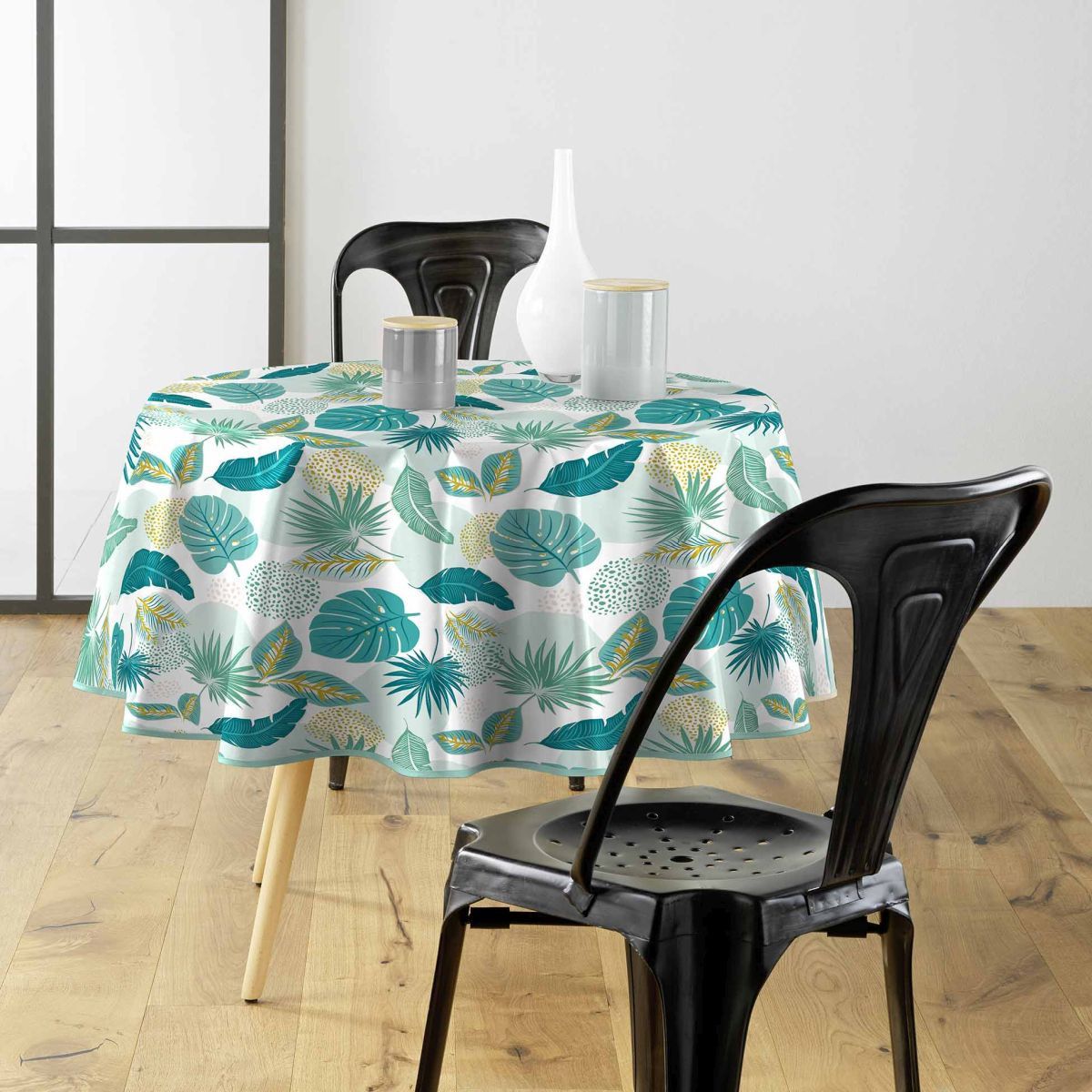 Nappe Toile Cirée Ronde Imprimé "plantania" 160cm Bleu