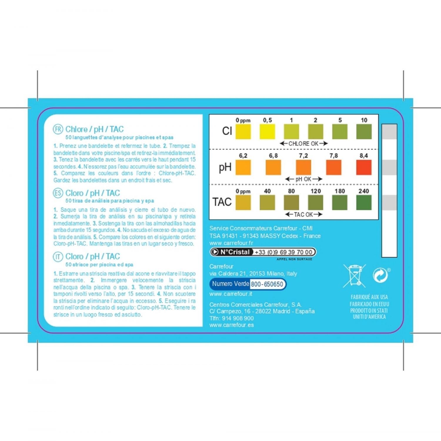 Languette d'analyse Chlorine, pH et Alkalinity CARREFOUR