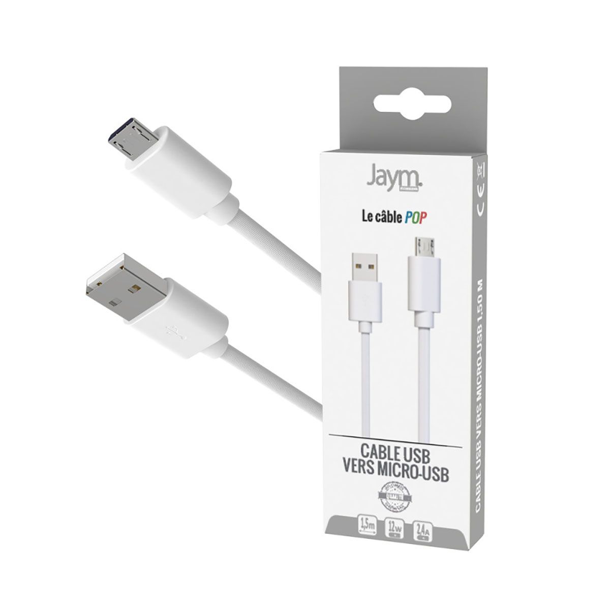 Câble Micro-usb Vers Usb-a 2,4a Charge Et Synchronisation Collection Pop 1,5m Blanc Jaym