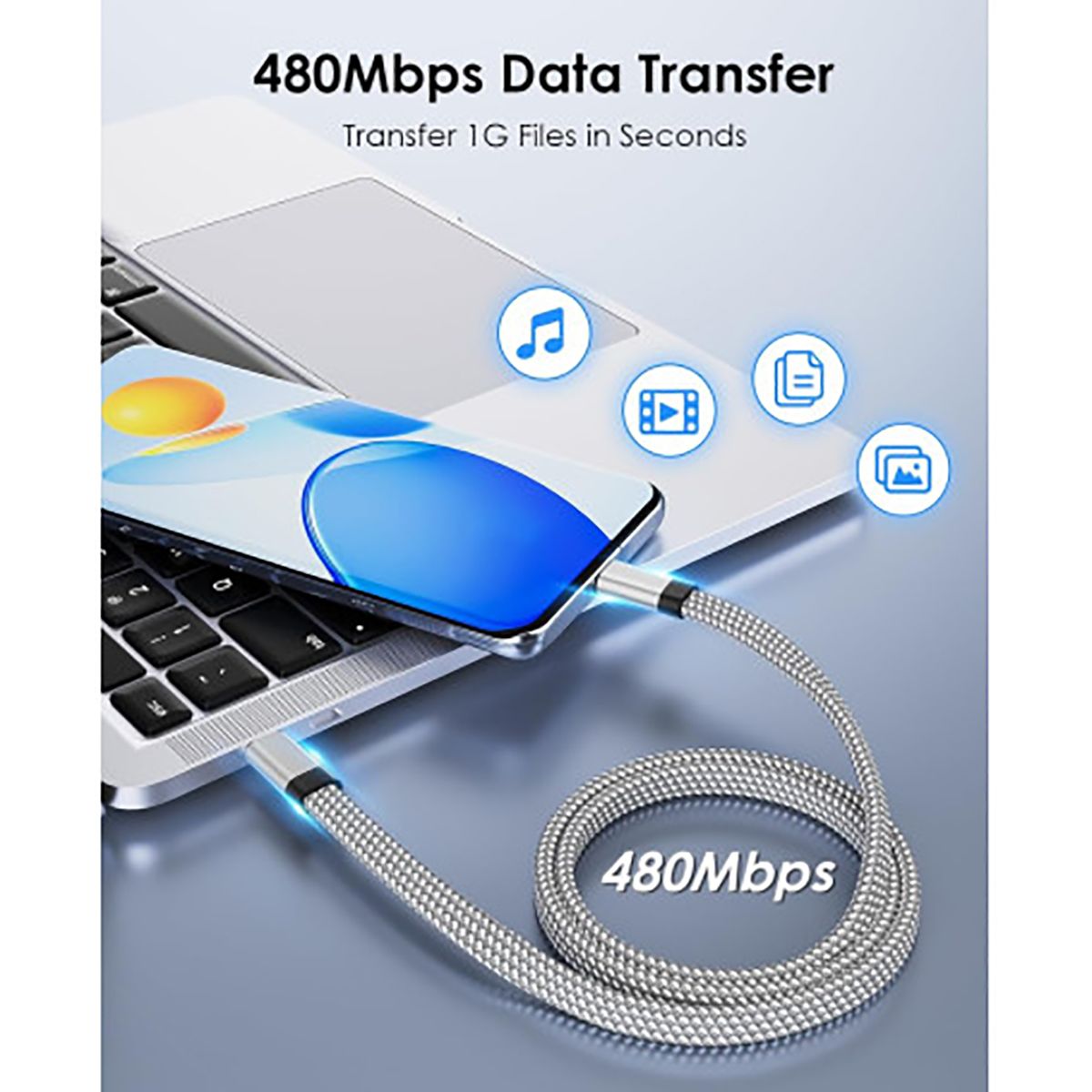 Câble Magnétique Usb-c Usb-c 60w Plat 1,5m Charge Synchro Rapide Ultra Resistant Gris Jaym