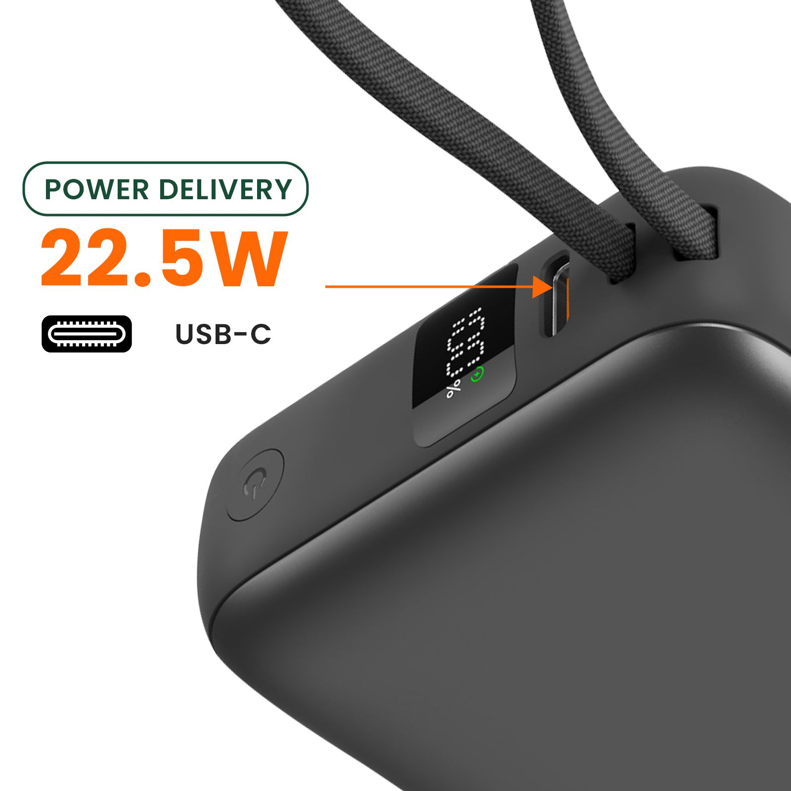 Batterie Externe 10000mah 22.5w Câble Usb-c Et Lightning Et Port Usb C Gris Foncé Akashi