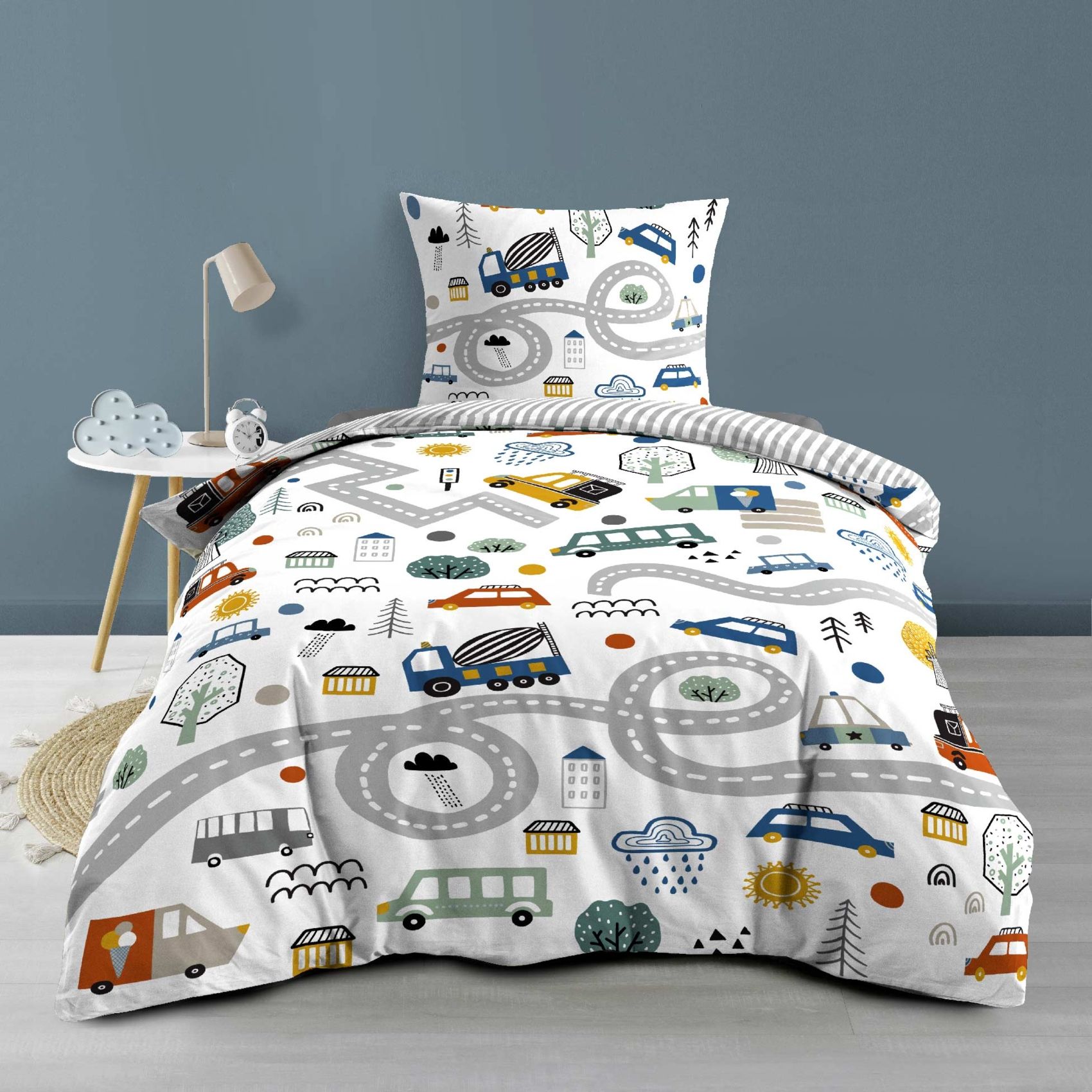 Parure De Lit Enfant Réversible En Coton Motif Véhicules Et Routes