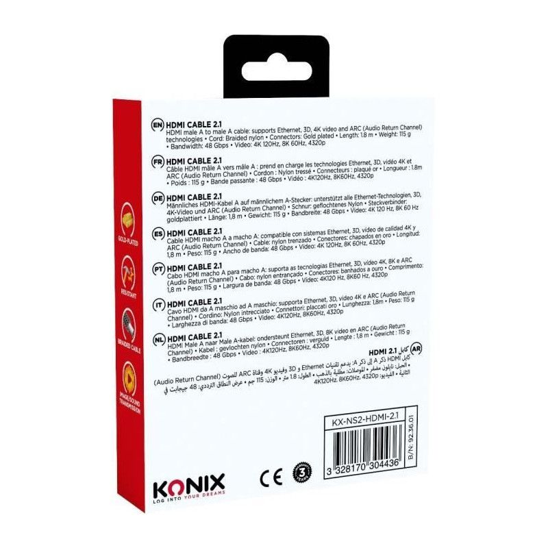 Câble Hdmi 2.1 - Konix - Nintendo Switch 2 - Compatibilité 4k Et 8k - Nylon Tressé - Longueur 1,8 M - Noir