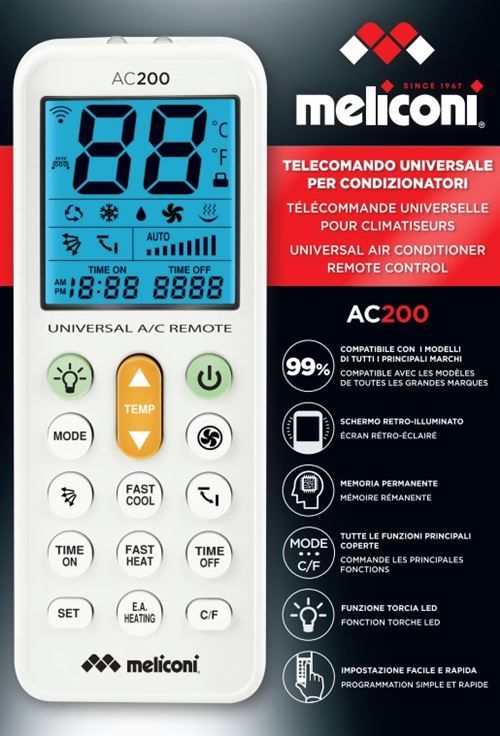 Meliconi - Télécommande climatisation universelle AC200 - Grand écran rétroéclairé - Programation simple et rapide
