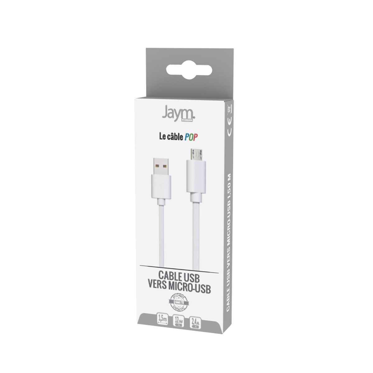 Câble Micro-usb Vers Usb-a 2,4a Charge Et Synchronisation Collection Pop 1,5m Blanc Jaym