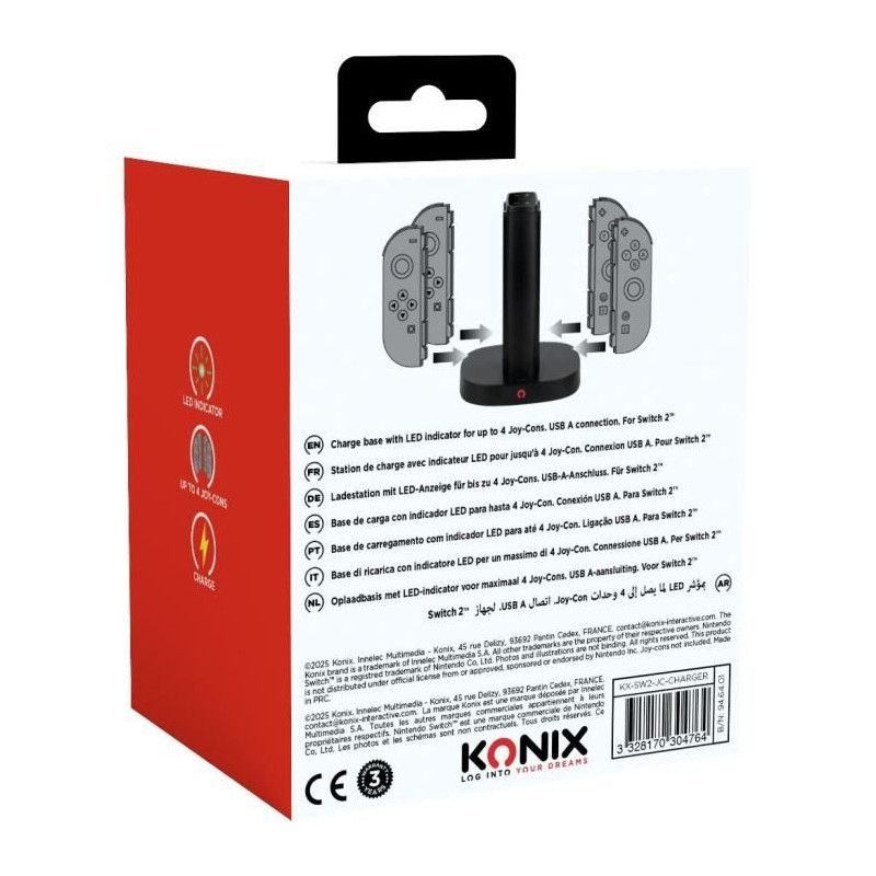 Station De Rechargement - Konix - 2 Paires De Manettes Joy-con - Indicateur De Charge Led - Connexion Usb-a - Noir