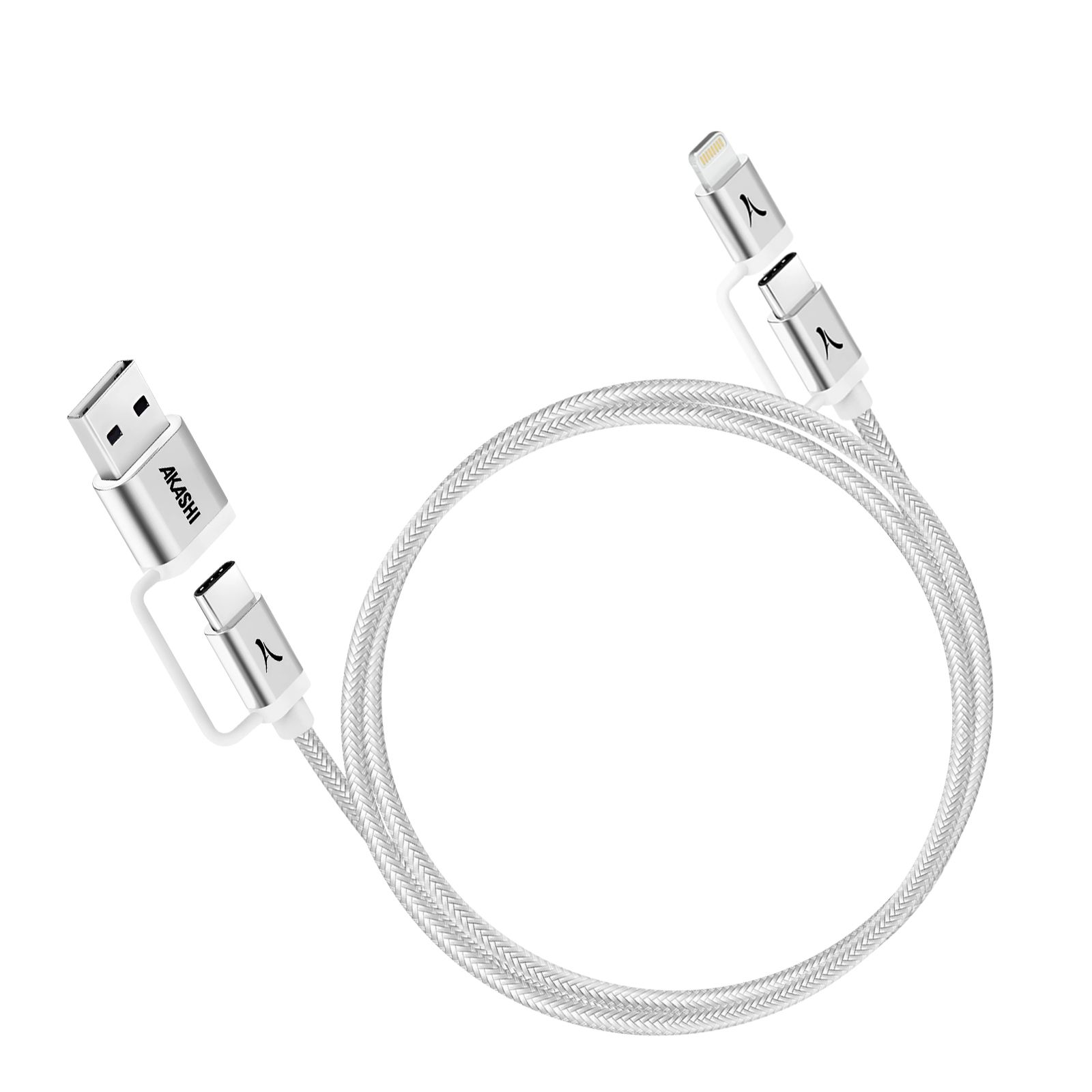 Câble 4 En 1 Usb-c + Lightning Compatible Apple Carplay Android Auto Gris Akashi