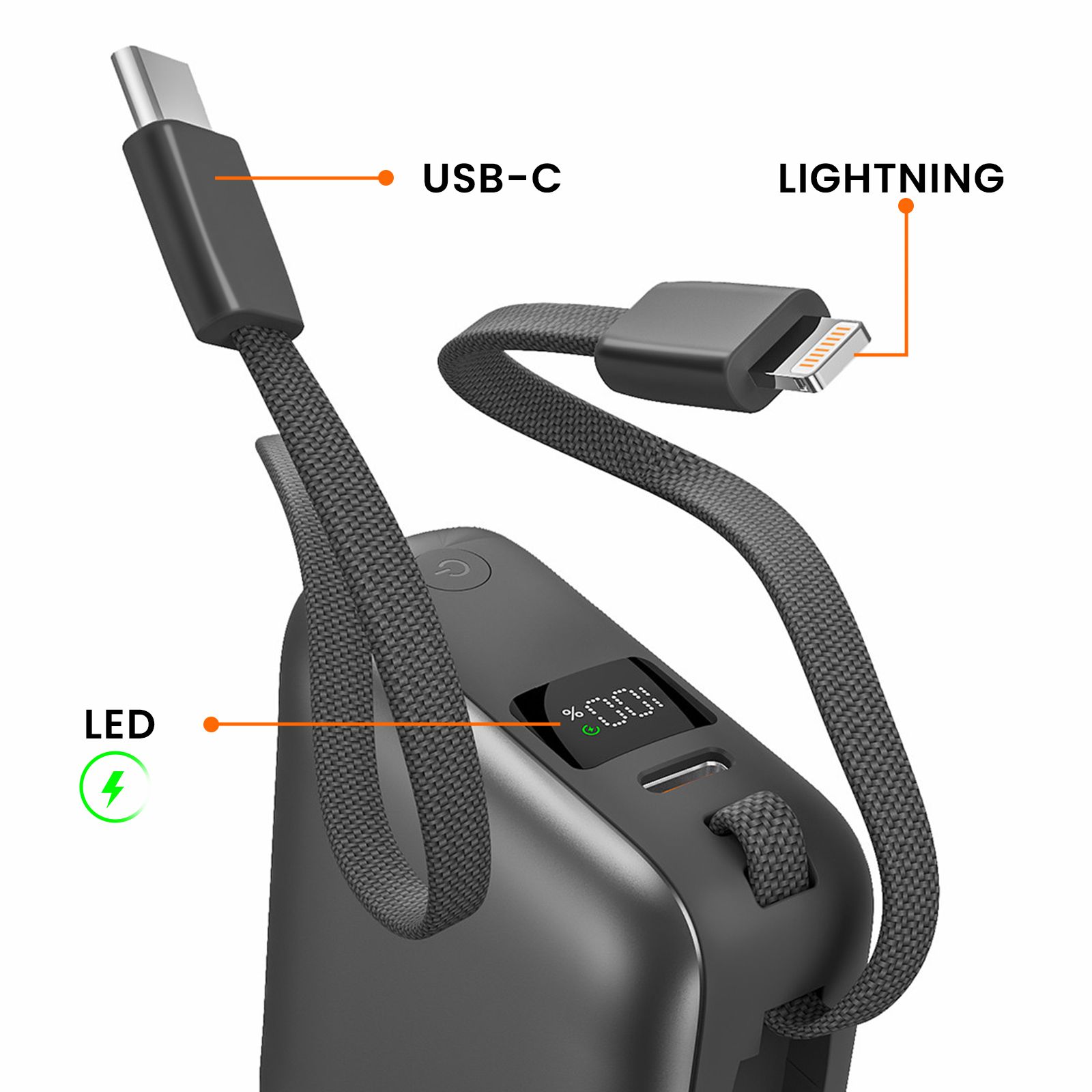 Batterie Externe 10000mah 22.5w Câble Usb-c Et Lightning Et Port Usb C Gris Foncé Akashi