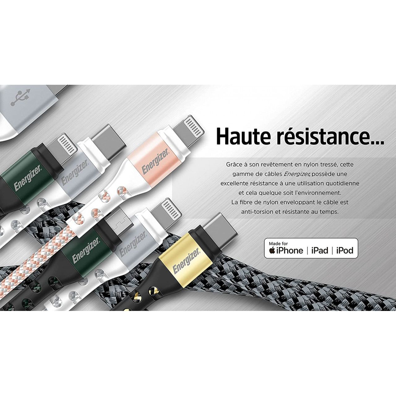 Energizer - Câble De Charge Usb-c Tressé - Câble Pour Chargeur Long - Haute Résistanc
