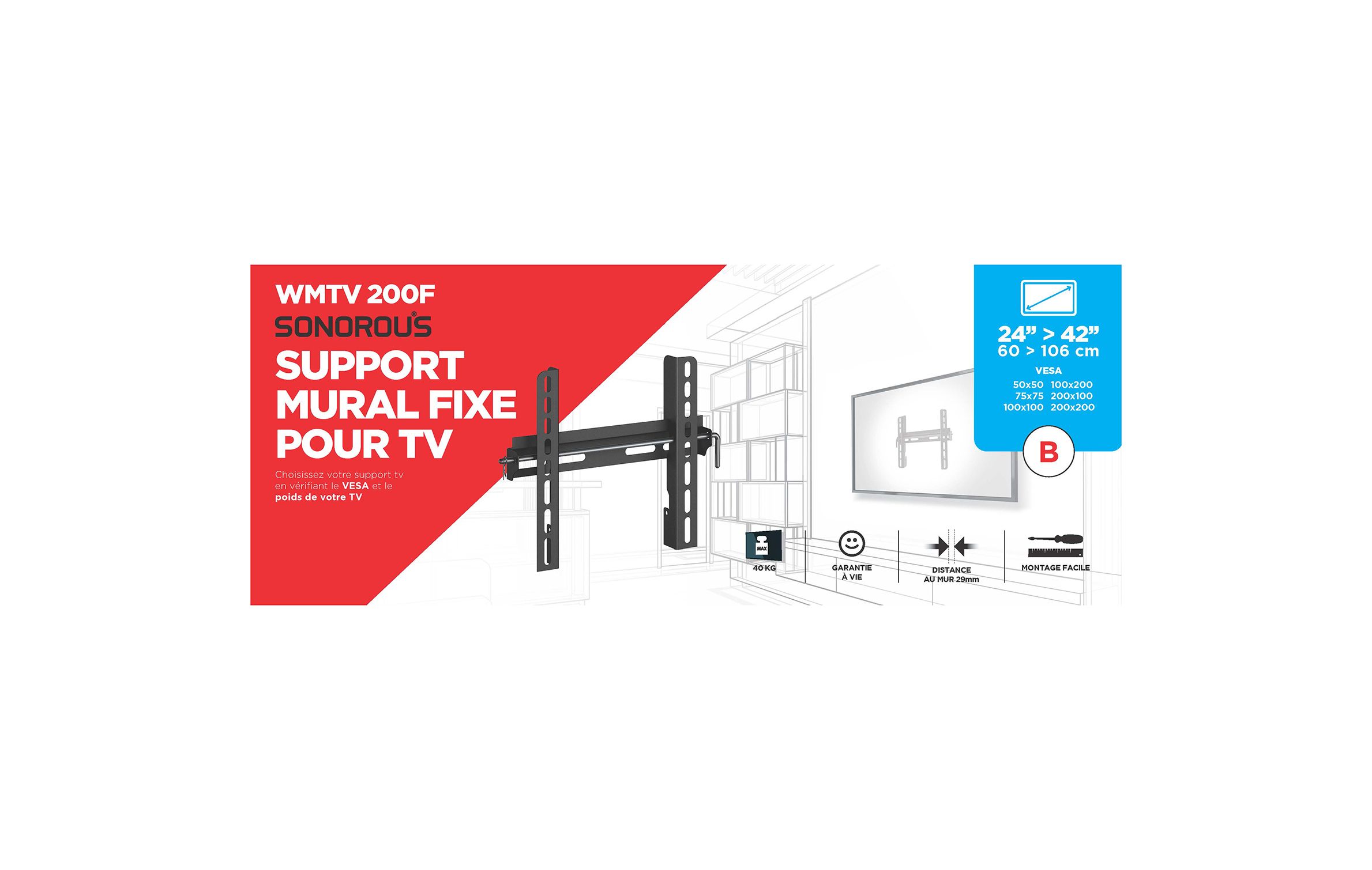 Support mural TV Fixe pour TV 24 à 42 - VESA 50,75,100 et 200 SANS MARQUE