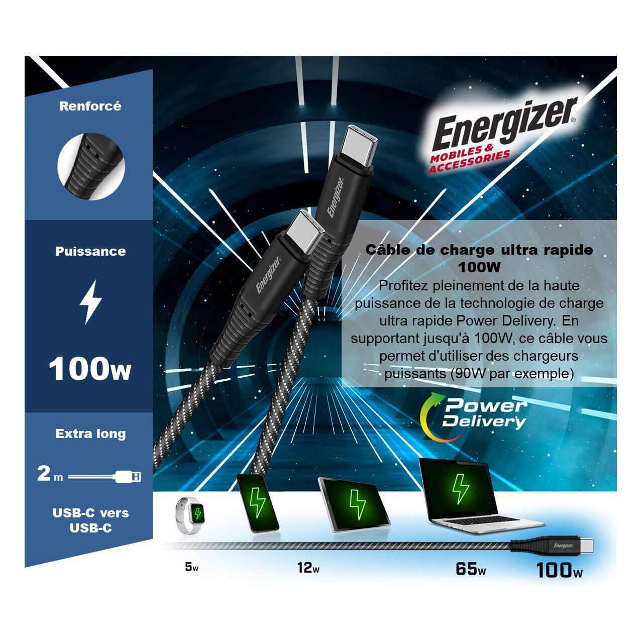 Energizer - Câble De Charge Usb-c/usb-c 100 W - Câble Pour Chargeur Long - Ultra-rapi