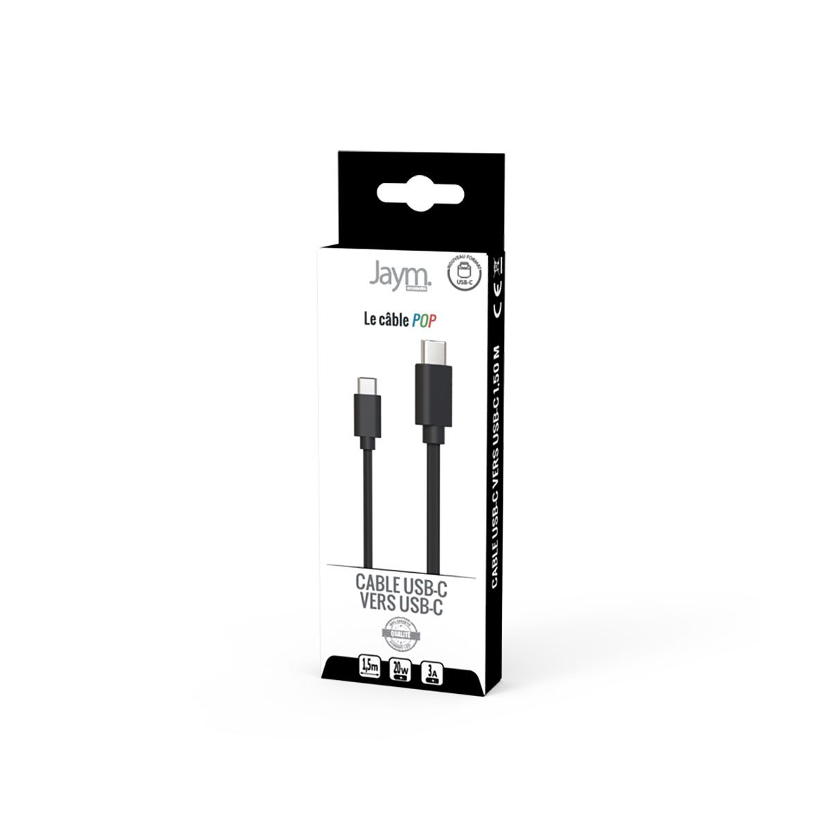 Câble Usb-c Vers Usb-c 3a Pd 20w Charge Et Synchronisation Collection Pop 1,5m Noir Jaym