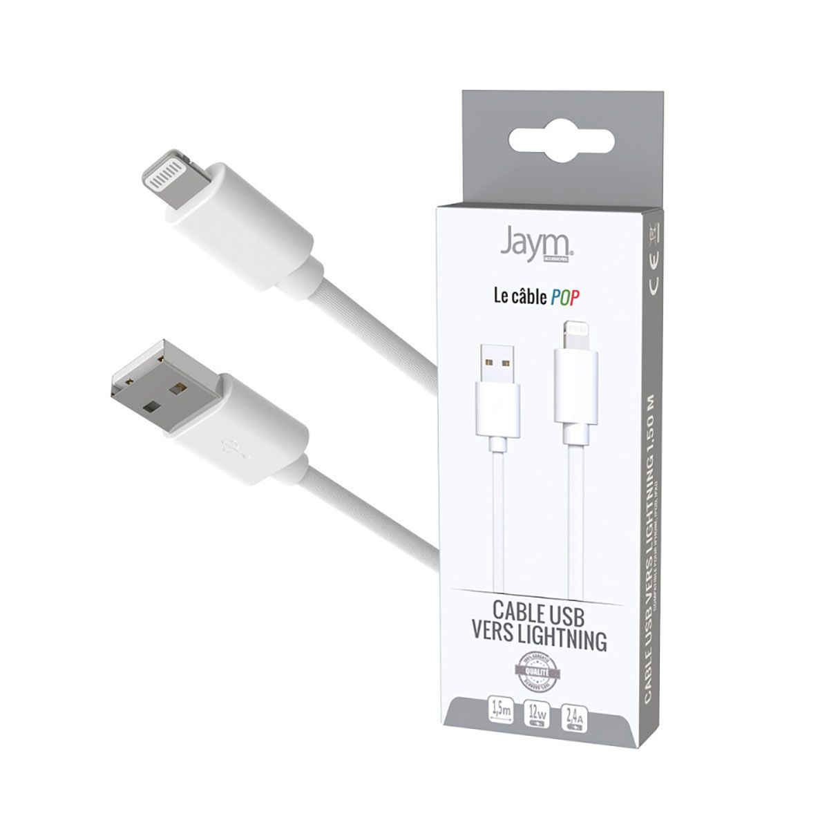 Câble Lightning Vers Usb-a 2,4a Charge Et Synchronisation Collection Pop 1,5m Blanc Jaym