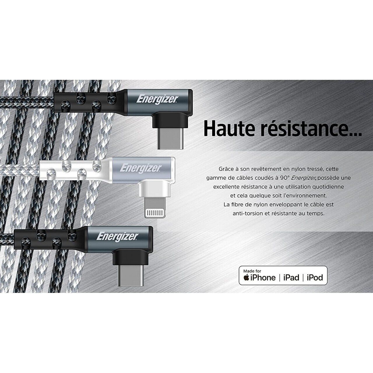 Energizer - Câble Lightning Coudé À 90° - Extra-long (2 M) - En Nylon Tressé - Idéal