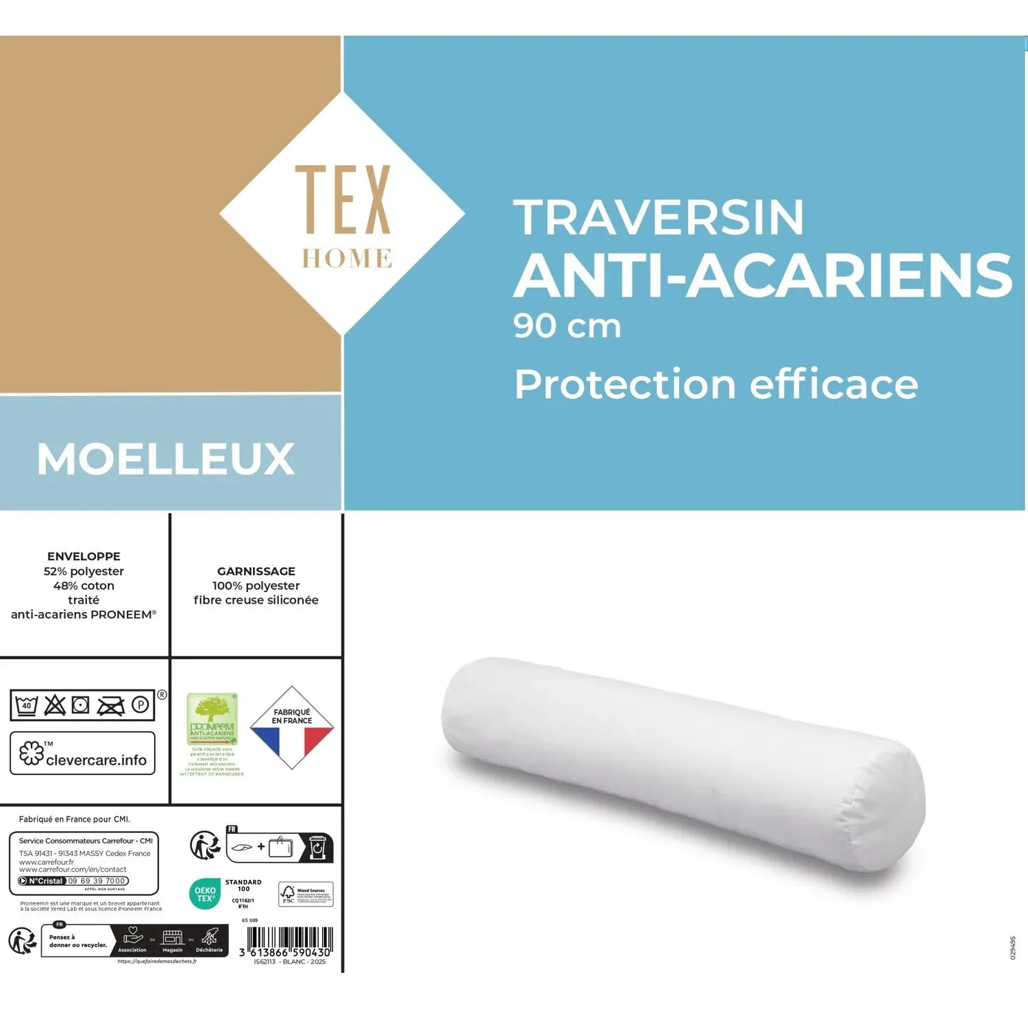 Traversin Moelleux Anti-acariens 90cm Proneem TEX HOME