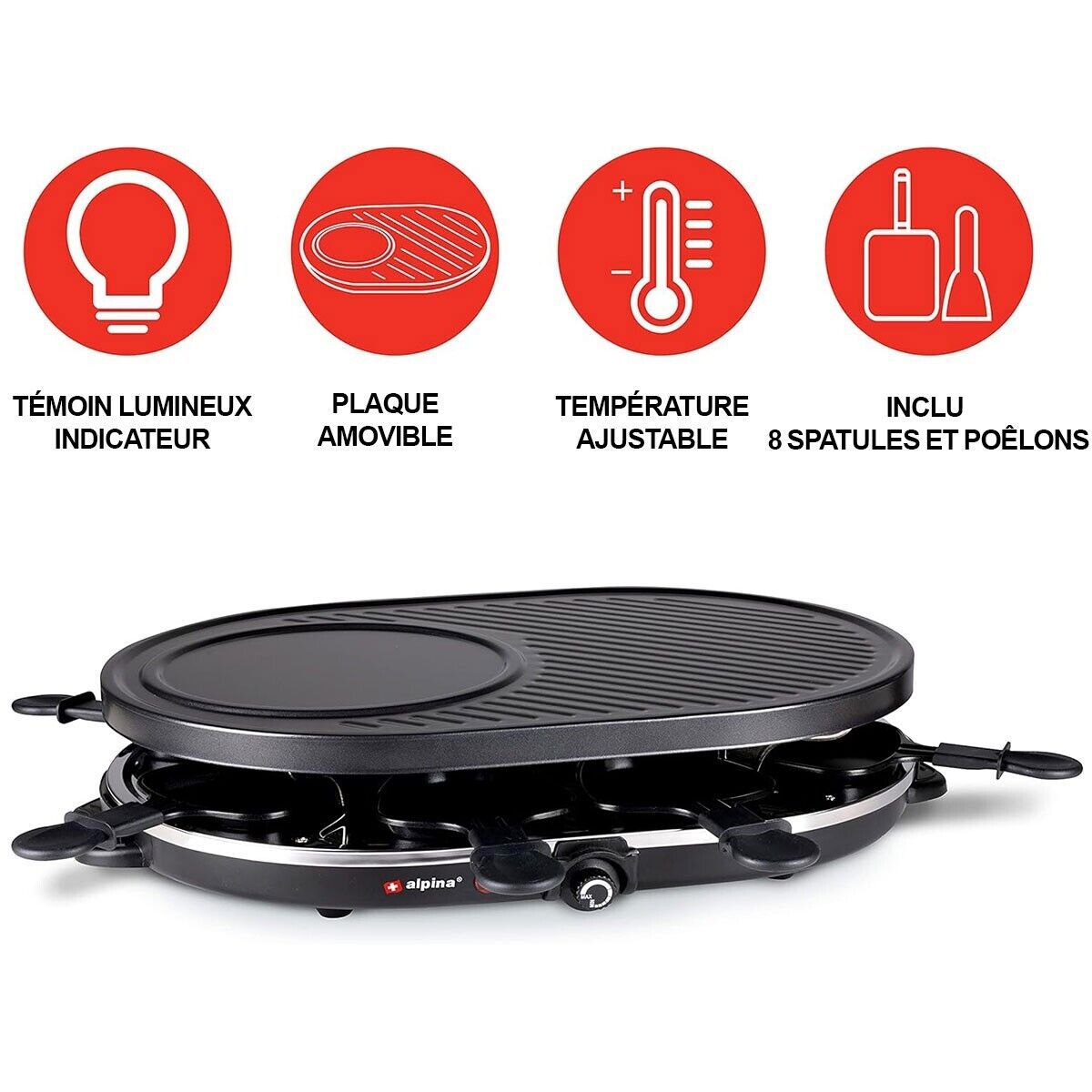 Appareil À Raclette 8 Personnes 1200w Polyvalent Grill + Raclette Revêtement Anti-adh