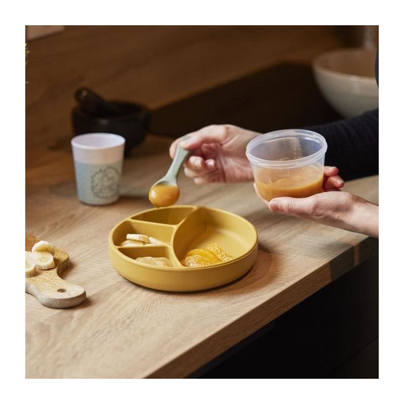Assiette Ventouse - Thermobaby - Silicone - Jaune Miel - Compartimentée Et Antidérapante