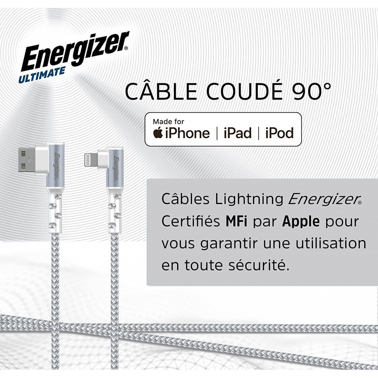 Energizer - Câble Lightning Coudé À 90° - Extra-long (2 M) - En Nylon Tressé - Idéal