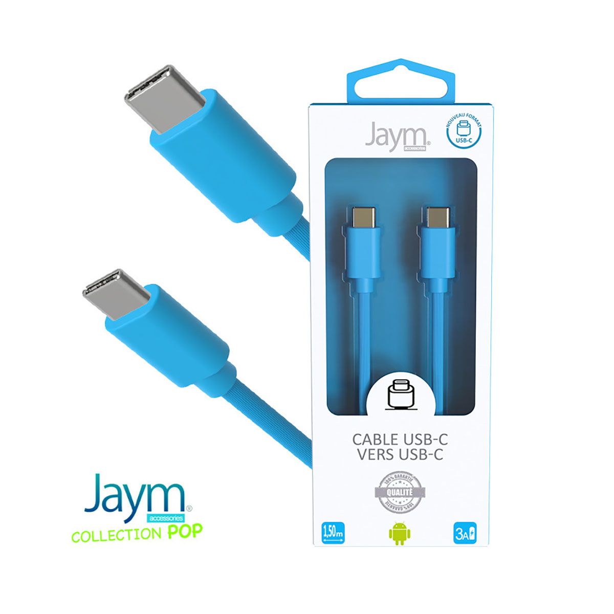 Câble Usb-c Vers Usb-c 3a Charge Et Synchronisation Collection Pop 1,5m Bleu Jaym