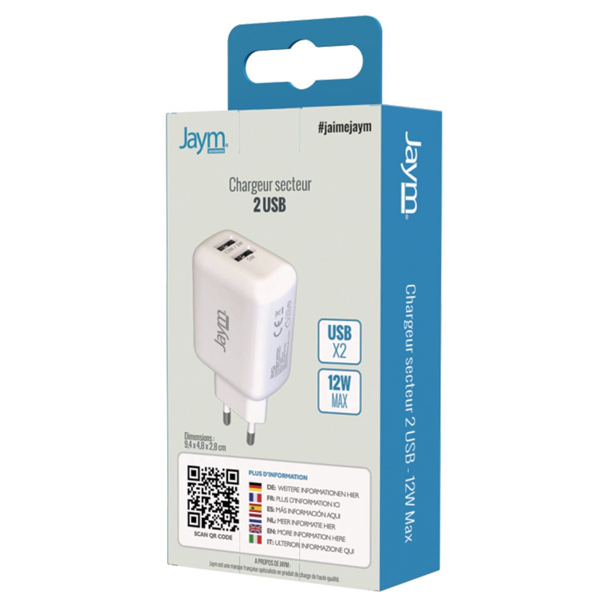 Chargeur Secteur Rapide Double Usb-a 12w 2,4a Blanc Jaym