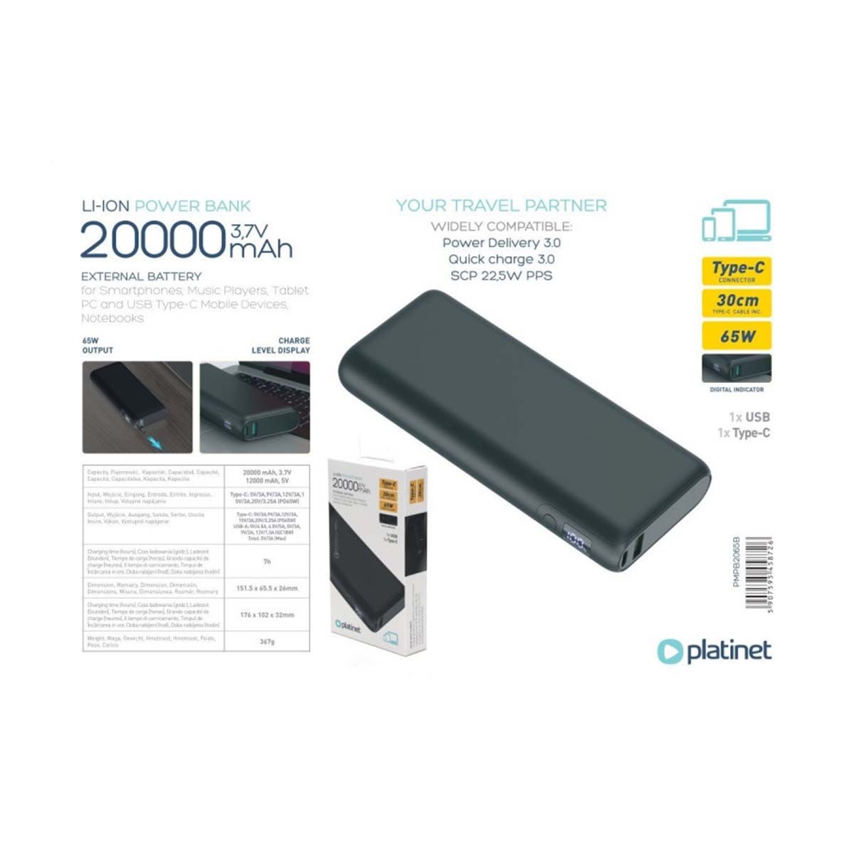 Batterie De Secours 20000mah 65w Pd Quick Charge Avec Affichage Led Noir Platinet