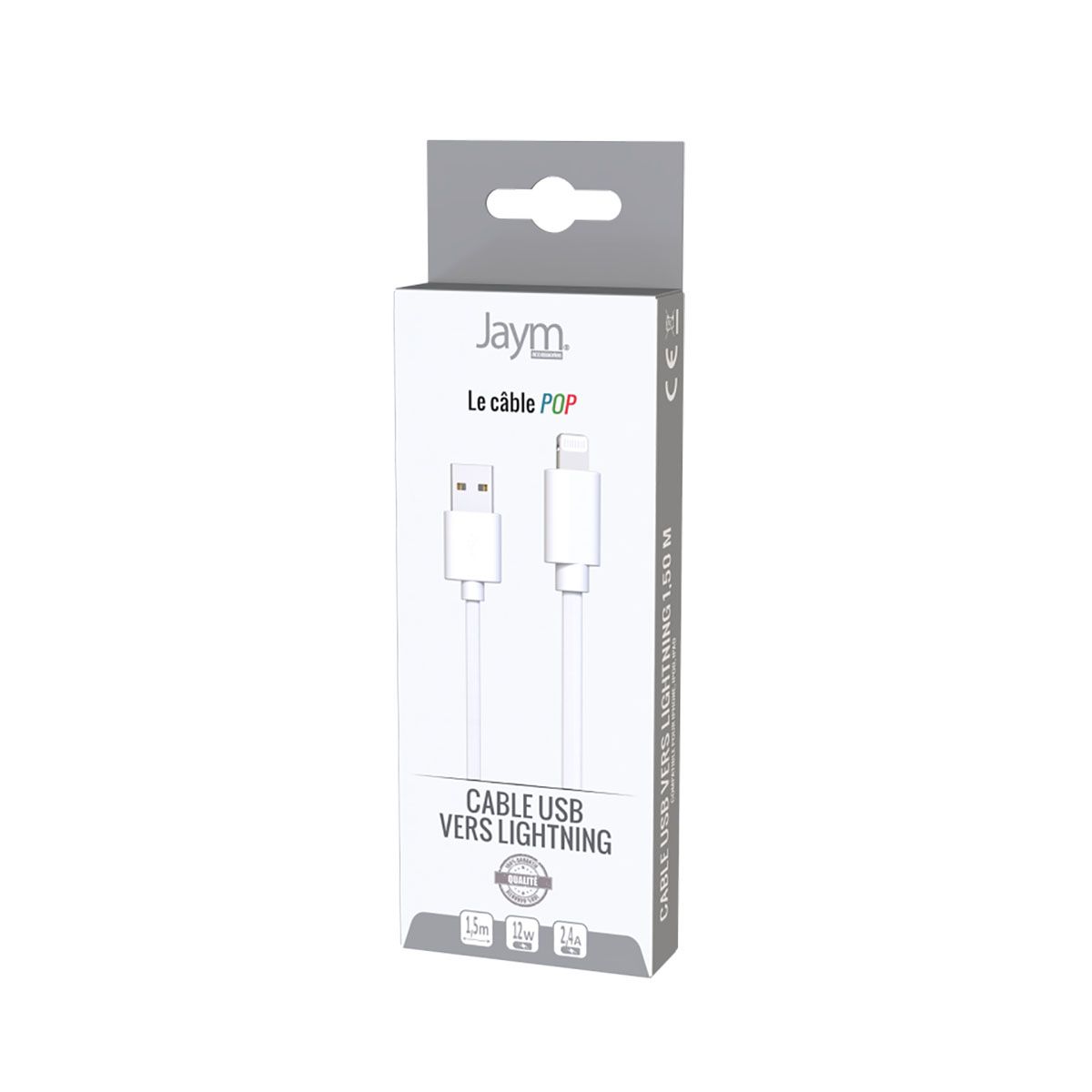 Câble Lightning Vers Usb-a 2,4a Charge Et Synchronisation Collection Pop 1,5m Blanc Jaym