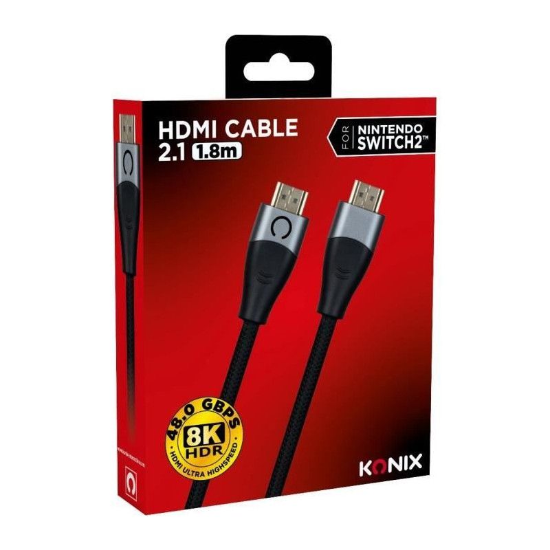 Câble Hdmi 2.1 - Konix - Nintendo Switch 2 - Compatibilité 4k Et 8k - Nylon Tressé - Longueur 1,8 M - Noir