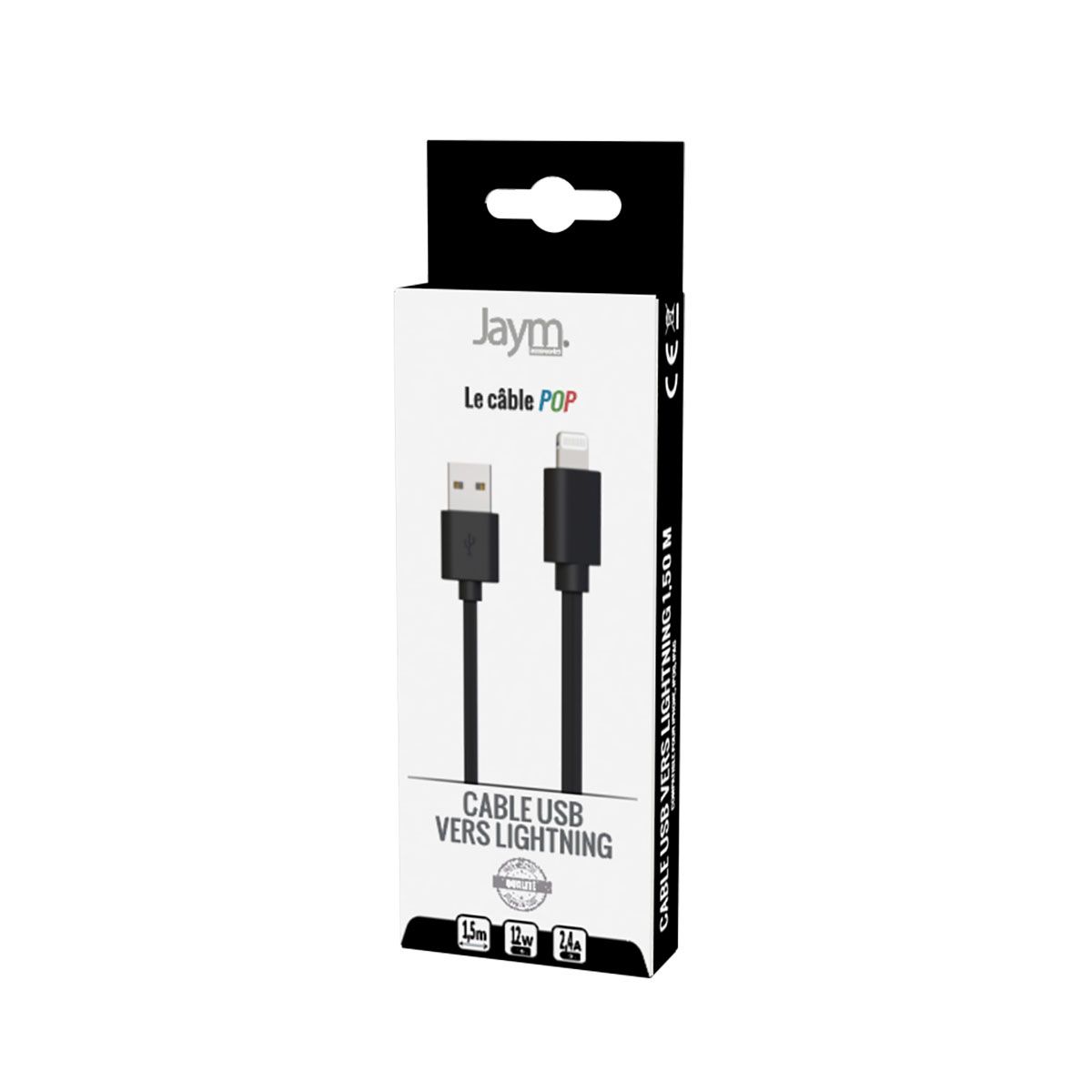 Câble Lightning Vers Usb-a 2,4a Charge Et Synchronisation Collection Pop 1,5m Noir Jaym