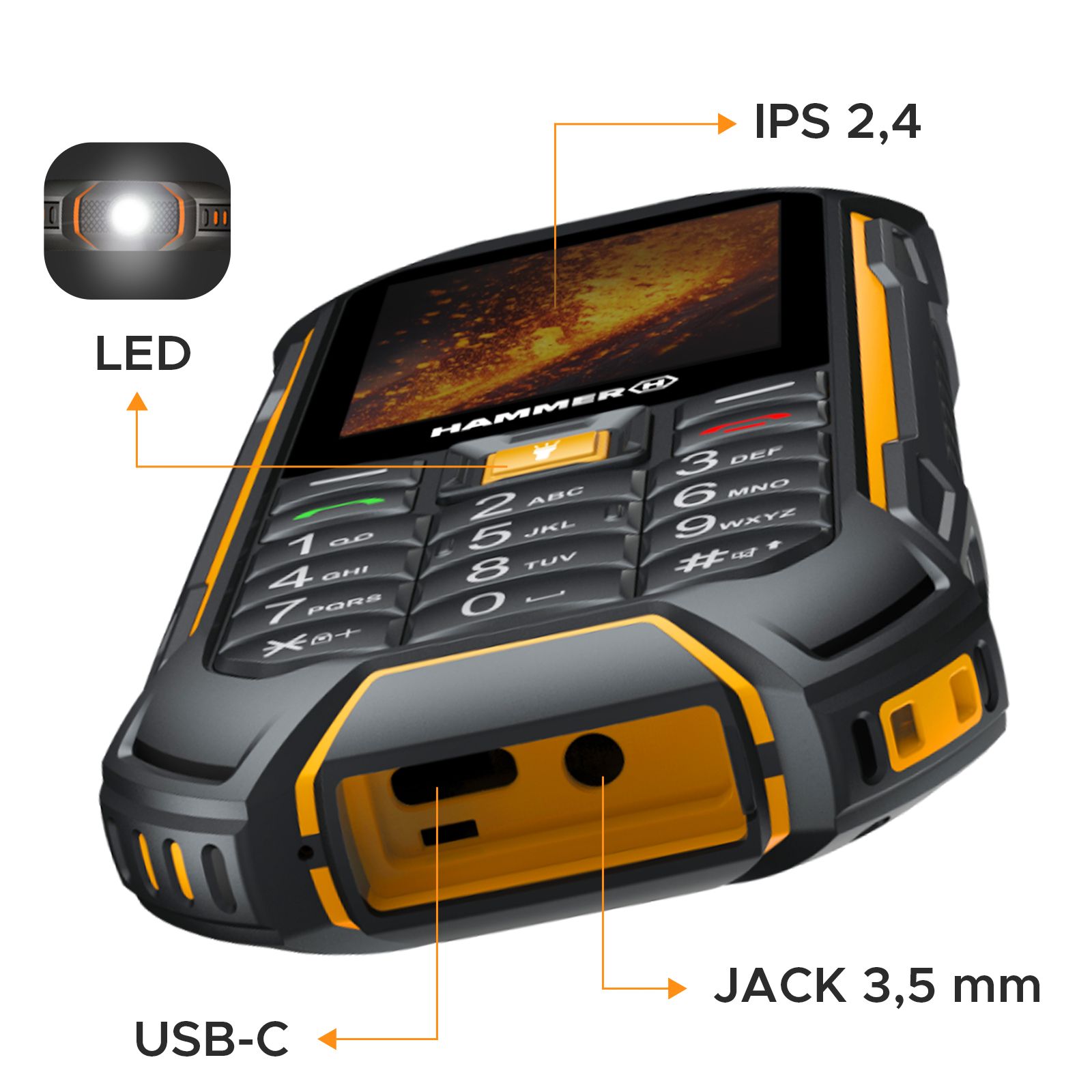 Téléphone Portable Renforcé Batterie 3500mah Étanche Ip68 Bouton Sos Noir / Orange Hammer