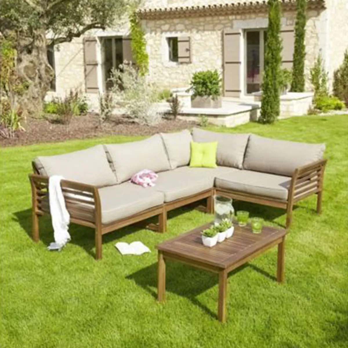 Salon de jardin d'angle + table en bois - Acacia