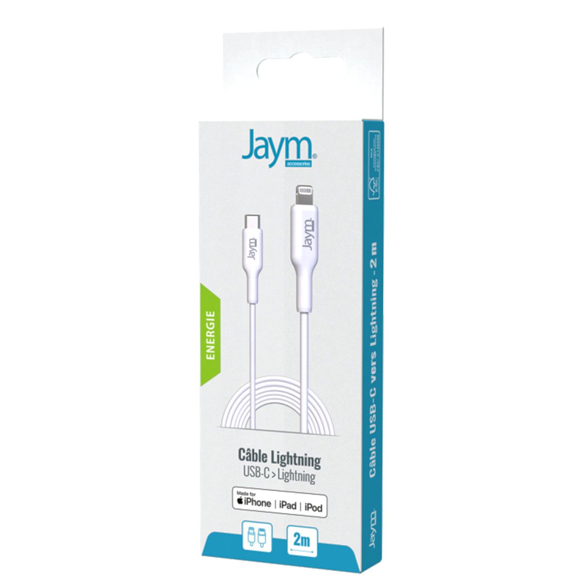 Câble De Charge Et Synchronisation De Donnée Usb-c / Lightning Mfi Pd 3.0 3a 2m Blanc Jaym
