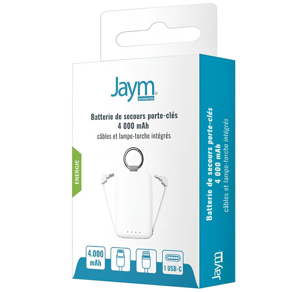 Powerbank Batterie De Secours 4000mah Avec Câbles, Lampe Et Anneau Porte Clé Blanc Jaym