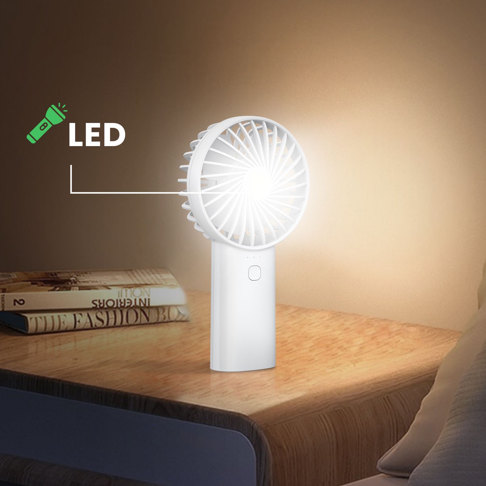 Ventilateur Portable 2 En 1 Batterie 4000mah Charge Usb-c Torche Blanc Akashi